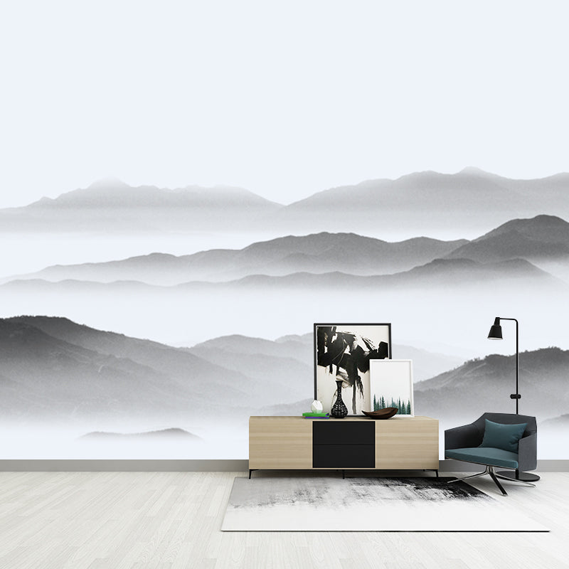 Foggy Hills Wall Mural Chinese Moistureproof Living Room Wall Covering, Personalise Grey Clearhalo 'Wall Decor' 'Wall Mural' 1920590