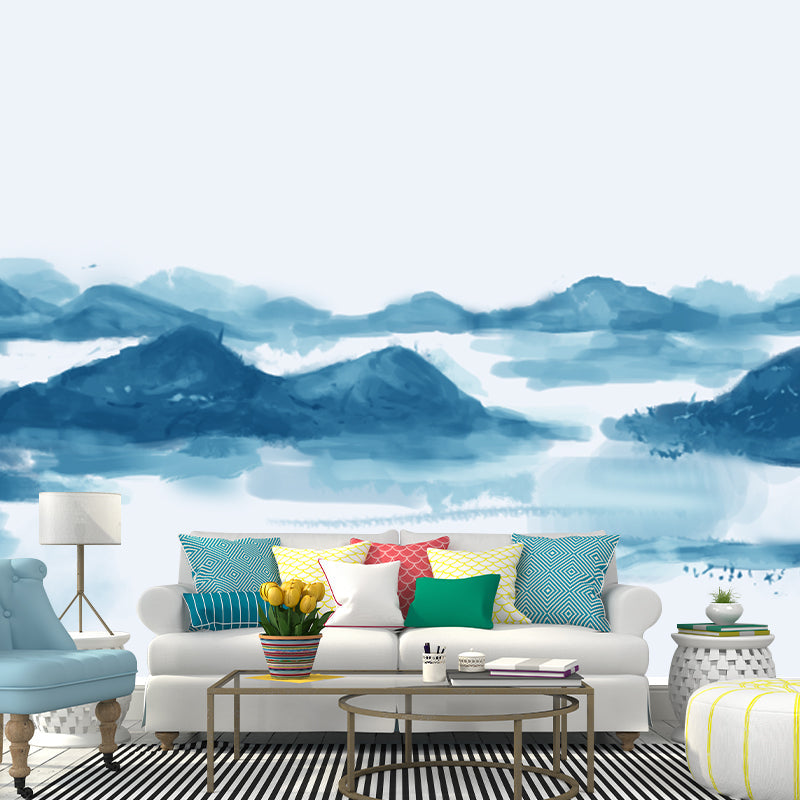 Chinese Smoggy Mountain Mural Non-Woven Moisture Resistant Light Blue Wall Covering for Bedroom Blue Clearhalo 'Wall Decor' 'Wall Mural' 1920600