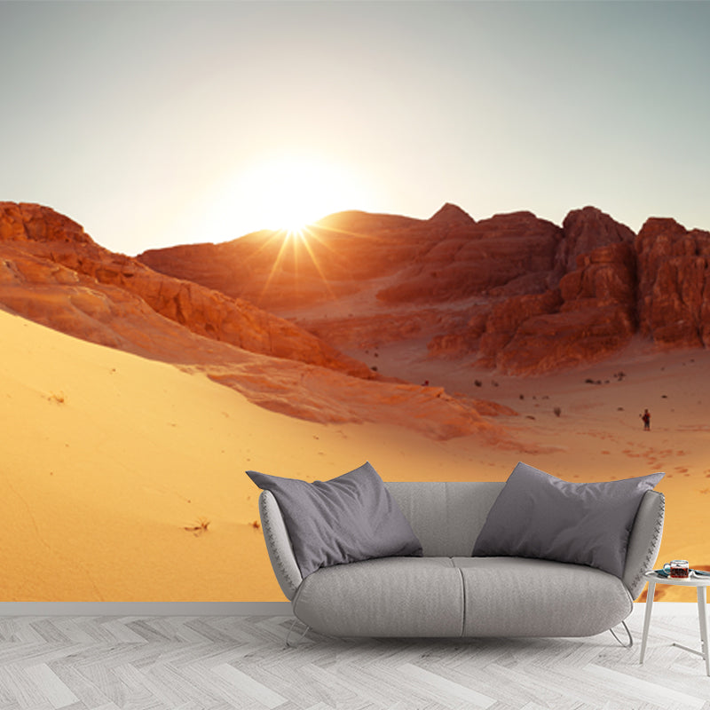 Yellow Desert View Mural Sun Behind Backlit Mountain Modern Waterproof Wall Covering Yellow Clearhalo 'Wall Decor' 'Wall Mural' 1920725