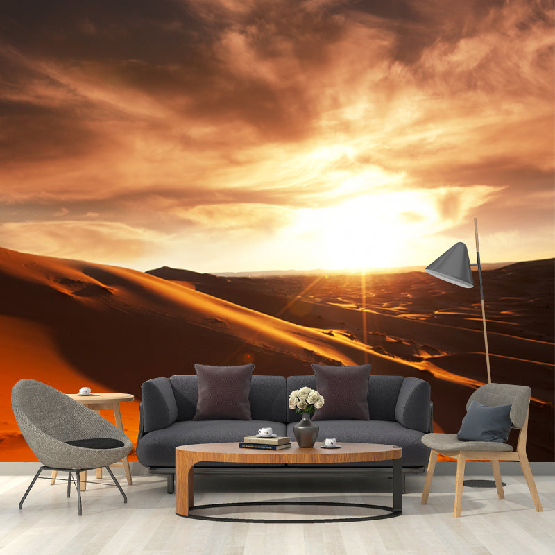 Customized Photography Modern Mural with Evening Sunshine over Desert Scenery in Yellow Clearhalo 'Wall Decor' 'Wall Mural' 1920756