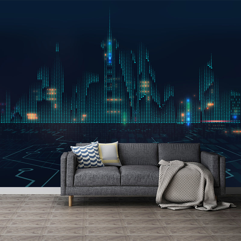 Dark Blue City Architectural Mural Moisture Resistant Wall Covering for Adults Room Dark Blue Clearhalo 'Wall Decor' 'Wall Mural' 1920821