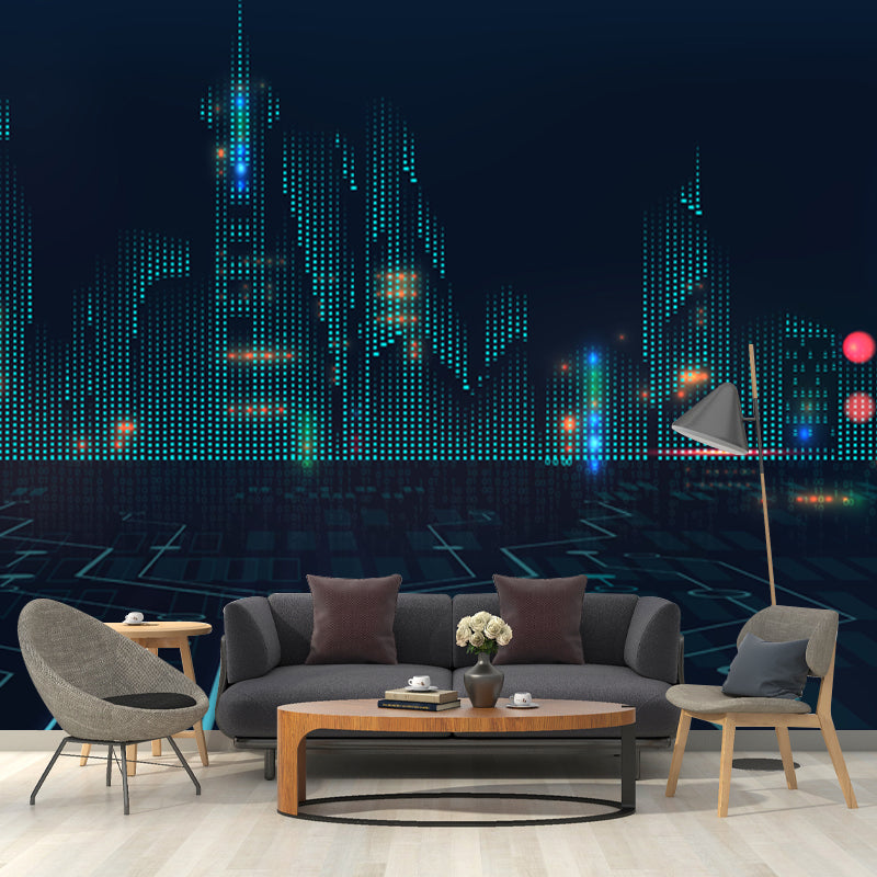 Dark Blue City Architectural Mural Moisture Resistant Wall Covering for Adults Room Clearhalo 'Wall Decor' 'Wall Mural' 1920823