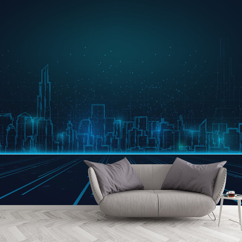 Extra Large Illustration Fictional Mural Wallpaper Downtown Landscape in Dark Blue Dark Blue Clearhalo 'Wall Decor' 'Wall Mural' 1920841