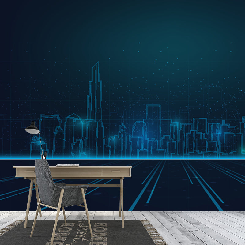 Extra Large Illustration Fictional Mural Wallpaper Downtown Landscape in Dark Blue Clearhalo 'Wall Decor' 'Wall Mural' 1920842