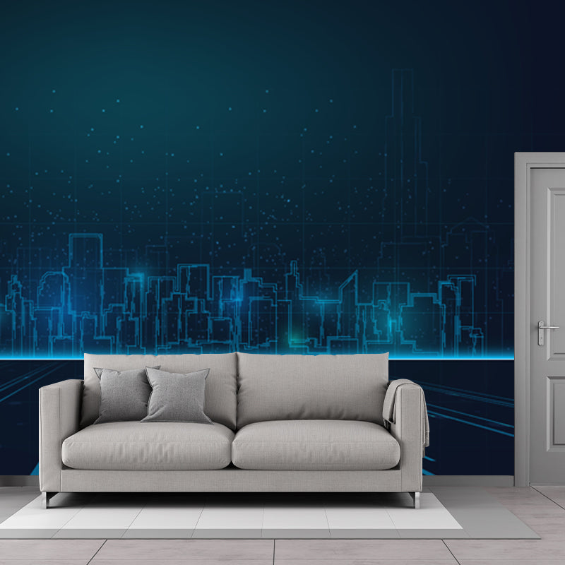 Extra Large Illustration Fictional Mural Wallpaper Downtown Landscape in Dark Blue Clearhalo 'Wall Decor' 'Wall Mural' 1920843