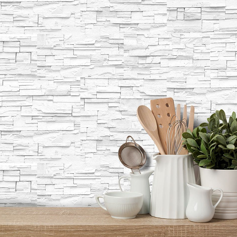 White Brick Wallpaper Panel Set Self-Sticking Simple Style Kitchen Wall Art, 8' L x 4