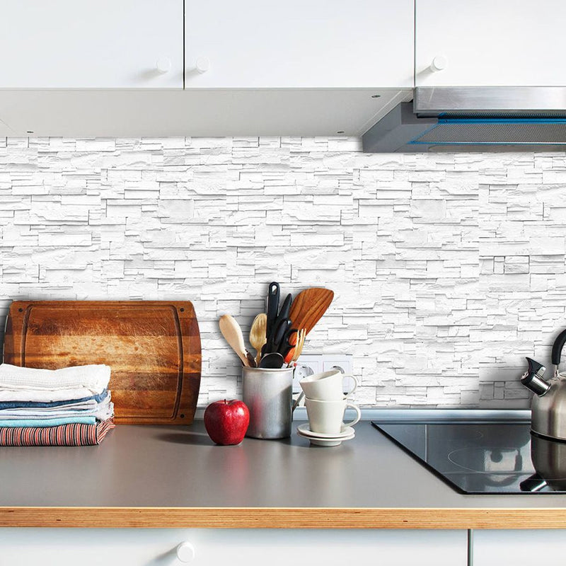 White Brick Wallpaper Panel Set Self-Sticking Simple Style Kitchen Wall Art, 8' L x 4