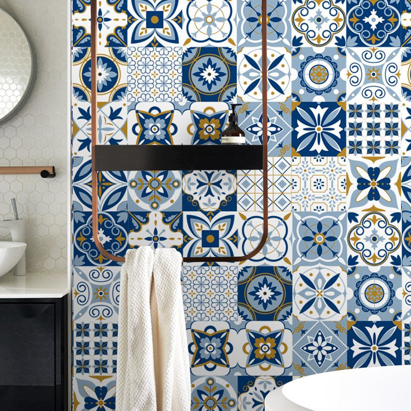Boho-Chic Floral Wallpaper Panels PVC Self Adhesive Blue Wall Decor for Washroom Blue Clearhalo 'Wall Decor' 'Wallpaper' 1921834