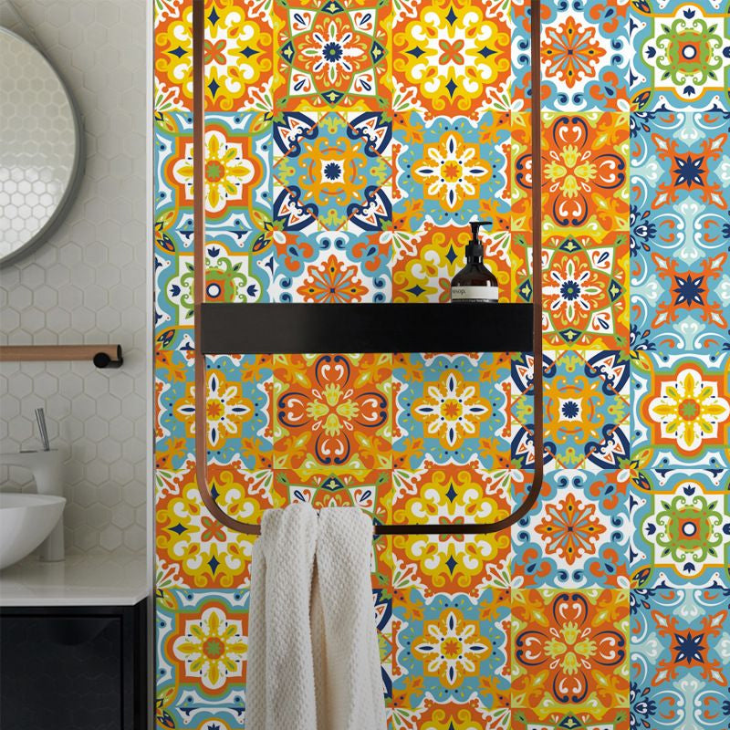 Flower Adhesive Wallpaper Panels Boho Beautiful Tiles Wall Covering in Orange, 8' x 8