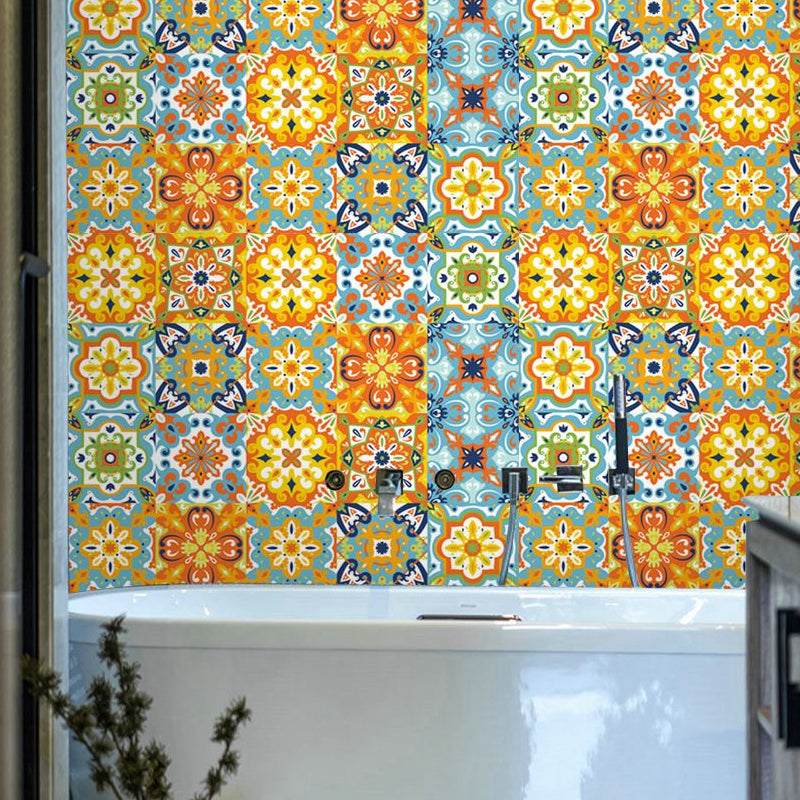 Flower Adhesive Wallpaper Panels Boho Beautiful Tiles Wall Covering in Orange, 8' x 8