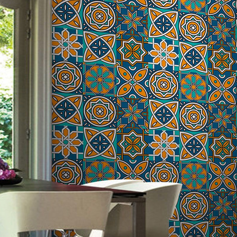 Ethnic Flowers Peel off Wallpaper Panel Set for Accent Wall, Blue, 3.5' L x 8