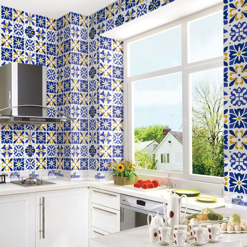 Blue Flower Print Wallpapers Self-Sticking Bohemian Kitchen Wall Art, 3.5' L x 8