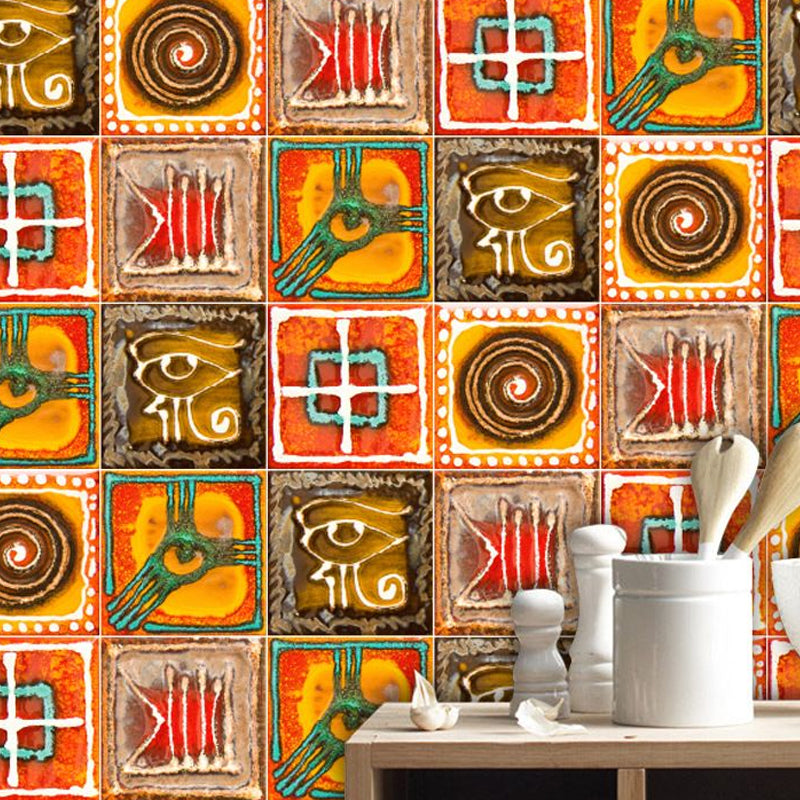 Orange Tribal Pattern Wallpaper Panels Adhesive Boho-Chic Living Room Wall Covering (50 Pcs) Orange 1 Set Clearhalo 'Wall Decor' 'Wallpaper' 1921903