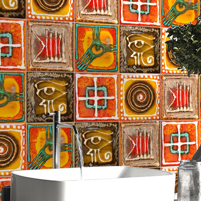 Orange Tribal Pattern Wallpaper Panels Adhesive Boho-Chic Living Room Wall Covering (50 Pcs) Clearhalo 'Wall Decor' 'Wallpaper' 1921905
