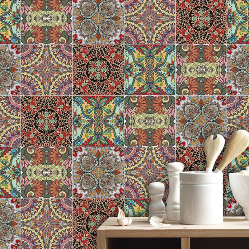 Botanics Indian Pattern Wallpaper Panels 50 Pcs Boho PVC Wall Covering in Red, Self-Stick Red 1 Set Clearhalo 'Wall Decor' 'Wallpaper' 1921917