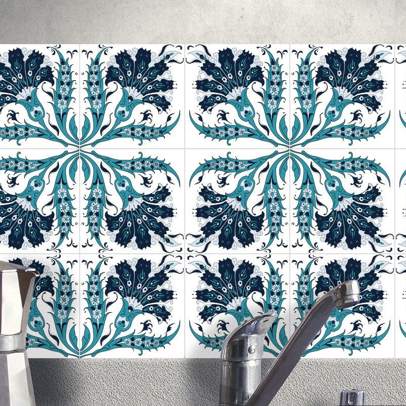 Bohemia Peacock Tails Wallpaper Panel in Blue 50 Pcs Kitchen Adhesive Wall Decor, 6' L x 6