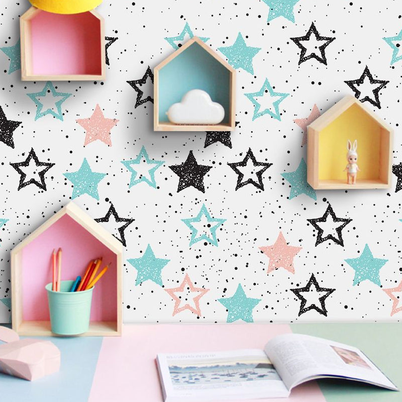 PVC Blue Wallpaper Panels Kids Star and Dot Print Self-Adhesive Wall Decor, 4' L x 20.5