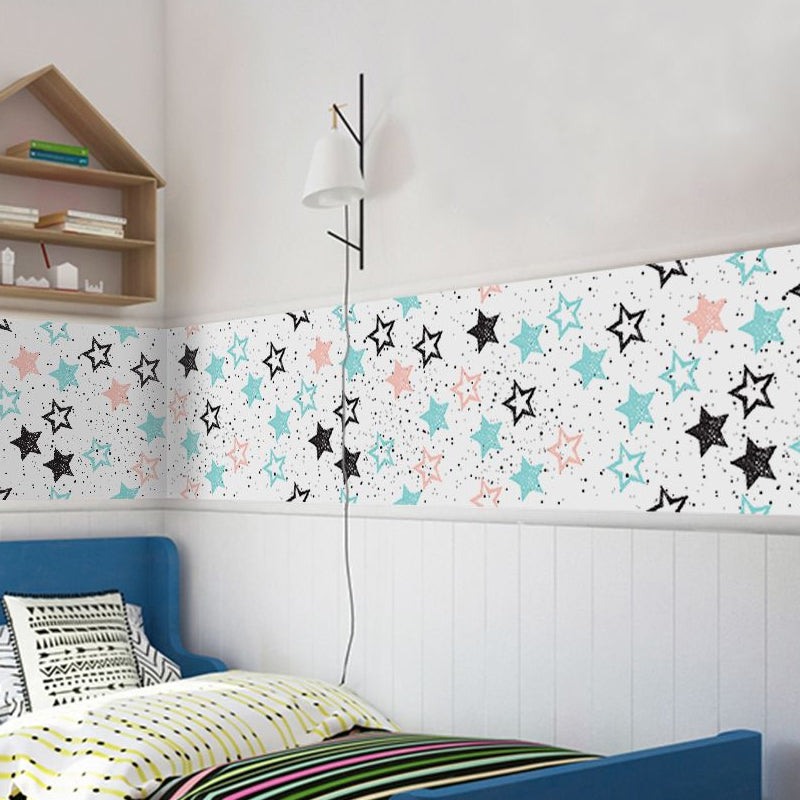 PVC Blue Wallpaper Panels Kids Star and Dot Print Self-Adhesive Wall Decor, 4' L x 20.5