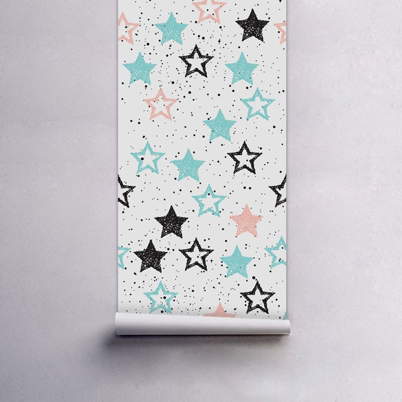 PVC Blue Wallpaper Panels Kids Star and Dot Print Self-Adhesive Wall Decor, 4' L x 20.5