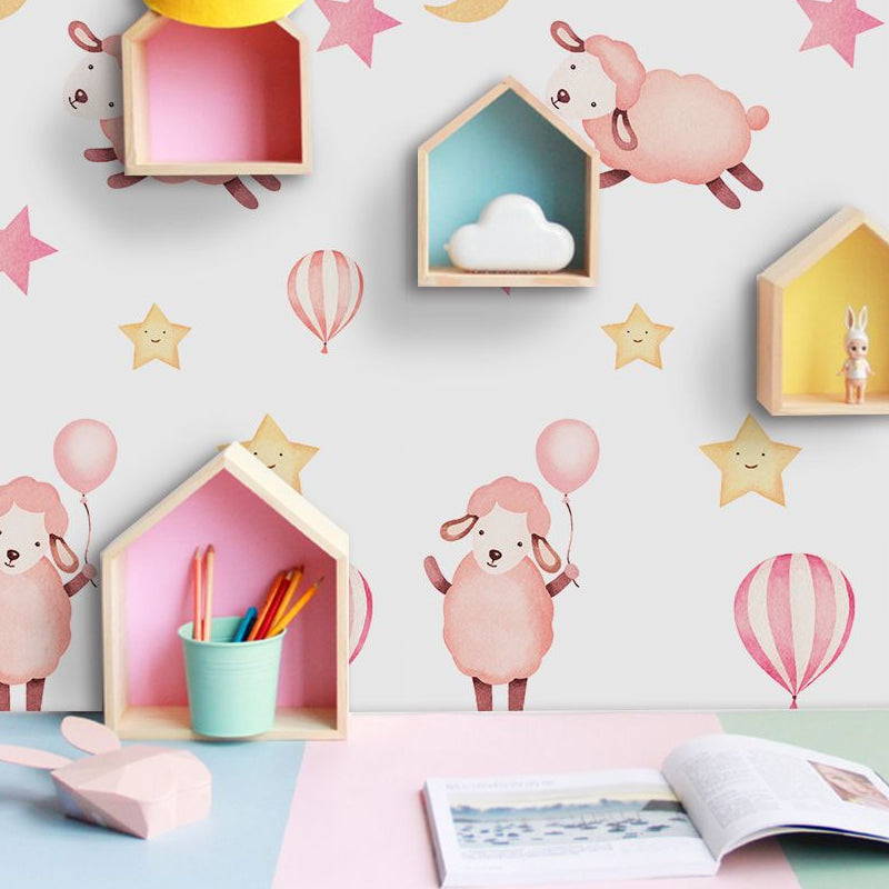 Pink Sheep Wallpaper Panel Set Animal Pattern Cartoon Peel off Wall Art for Baby Room Clearhalo 'Wall Decor' 'Wallpaper' 1922047