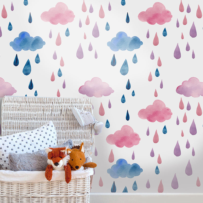 Cloud and Raindrop Peel Wallpaper Panels Childrens Art Nursery Wall Decor, 4' L x 20.5