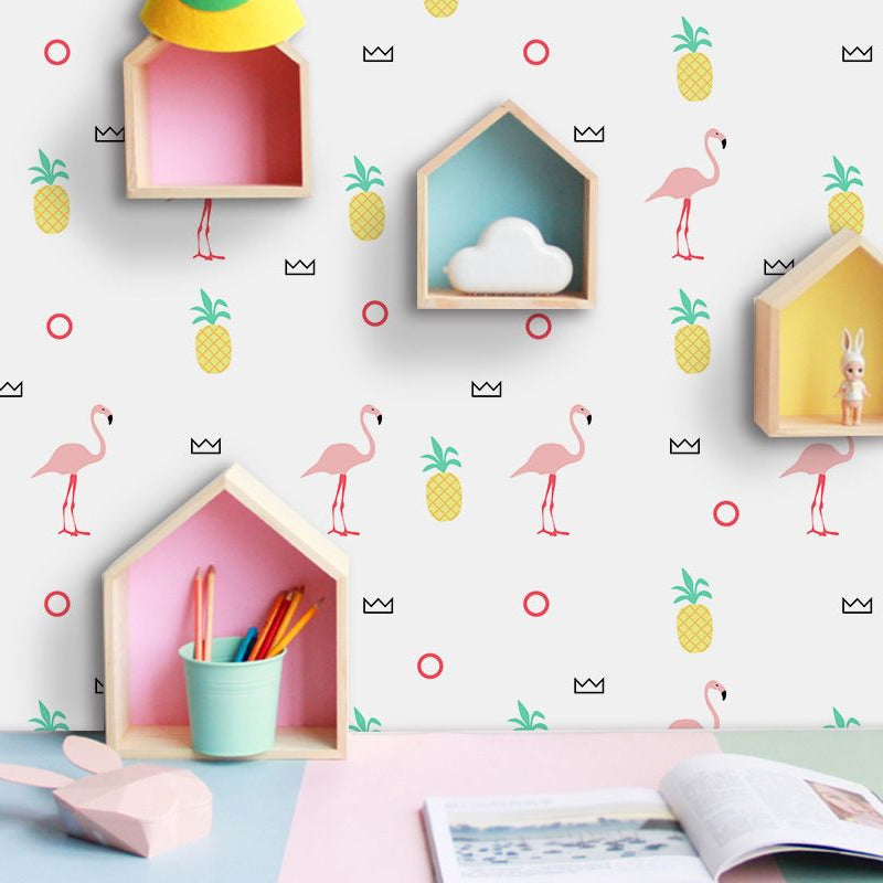 Self-Sticking Cartoon Wallpaper Panel Set Yellow-Pink Flamingo and Pineapple Print Wall Art, 4' x 20.5
