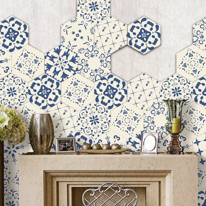 Adhesive Flower-Like Tile Wallpapers Blue Bohemian Wall Art for Living Room, 9' L x 8