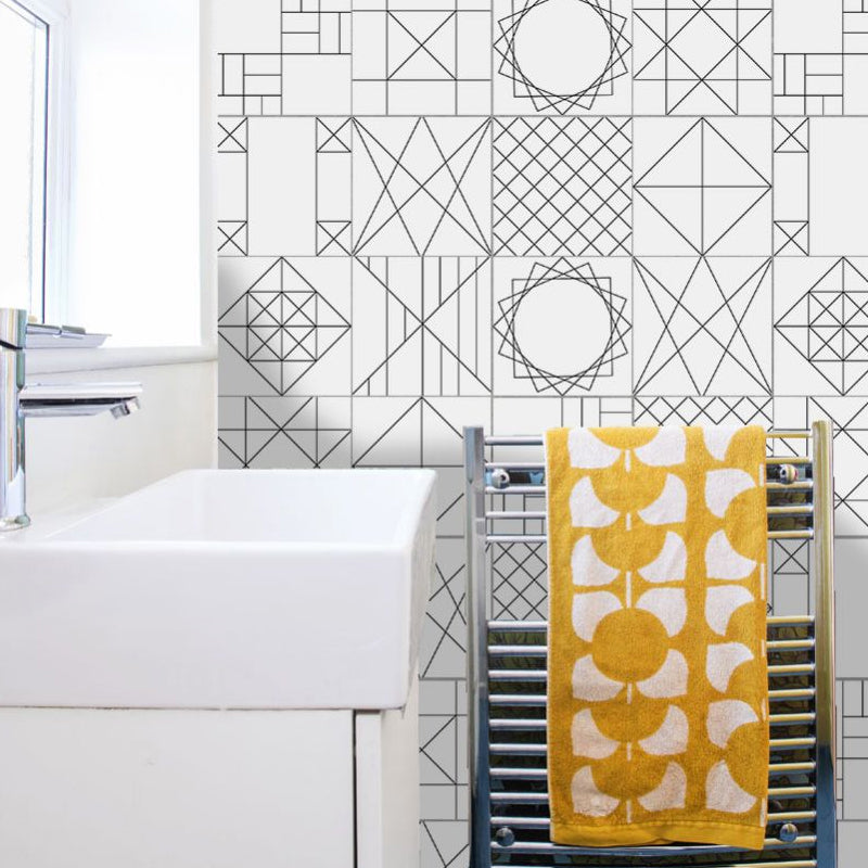 Grey Geometric Sketch Wallpapers Peel and Paste Wall Art for Washroom, 8' L x 8