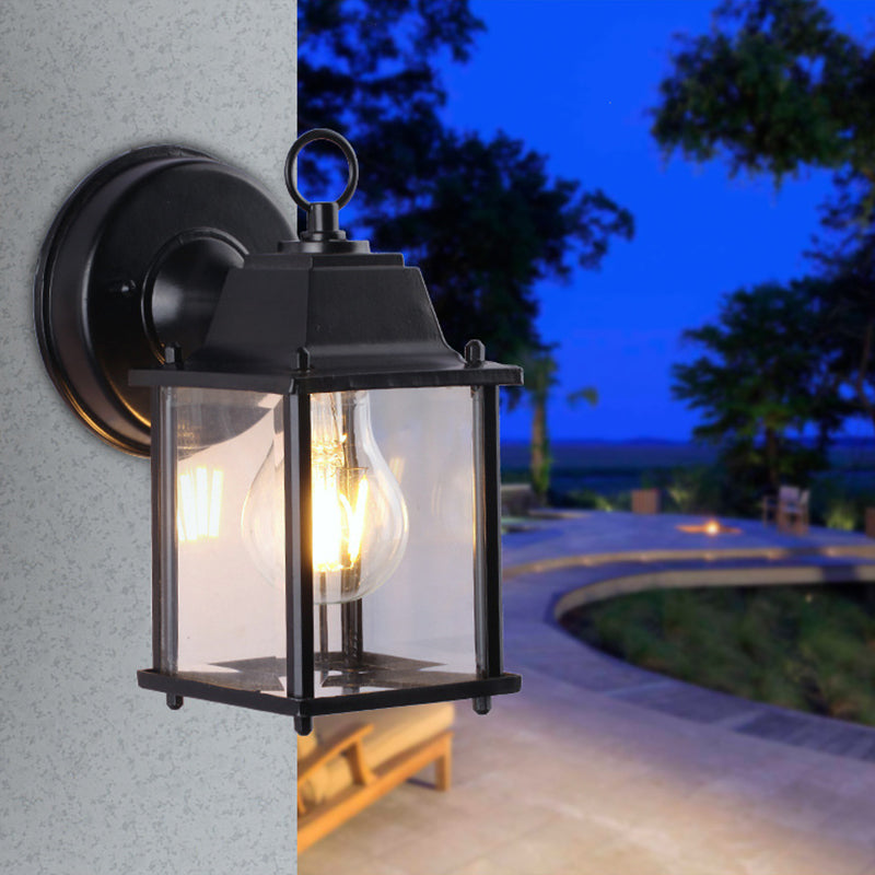 Industrial Square Shade Sconce Lamp 1 Bulb Clear Glass Wall Mounted Lighting in Black for Outdoor Black Clearhalo 'Art deco wall lights' 'Cast Iron' 'Glass' 'Industrial wall lights' 'Industrial' 'Middle century wall lights' 'Modern' 'Rustic wall lights' 'Tiffany' 'Traditional wall lights' 'Wall Lamps & Sconces' 'Wall Lights' Lighting' 192384