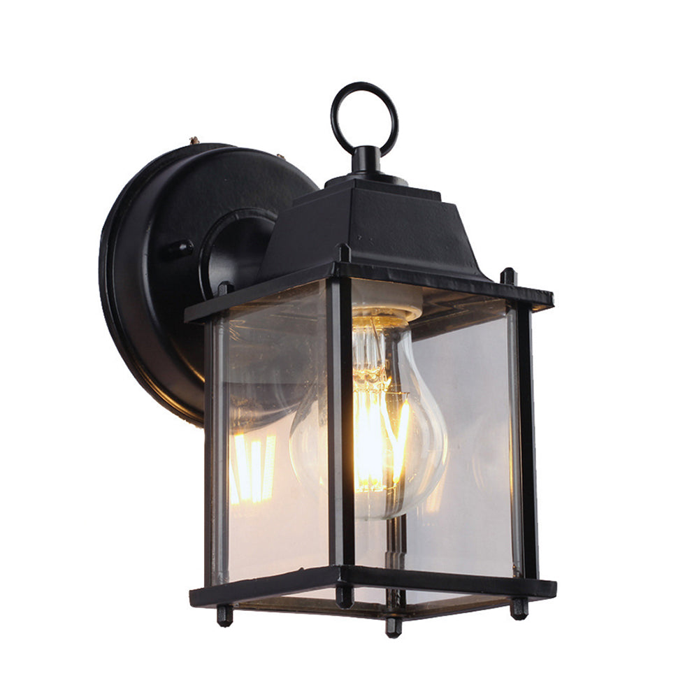 Industrial Square Shade Sconce Lamp 1 Bulb Clear Glass Wall Mounted Lighting in Black for Outdoor Clearhalo 'Art deco wall lights' 'Cast Iron' 'Glass' 'Industrial wall lights' 'Industrial' 'Middle century wall lights' 'Modern' 'Rustic wall lights' 'Tiffany' 'Traditional wall lights' 'Wall Lamps & Sconces' 'Wall Lights' Lighting' 192386