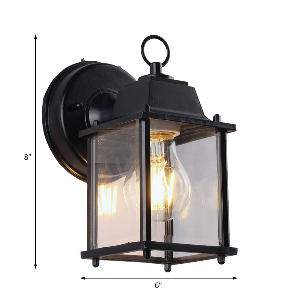 Industrial Square Shade Sconce Lamp 1 Bulb Clear Glass Wall Mounted Lighting in Black for Outdoor Clearhalo 'Art deco wall lights' 'Cast Iron' 'Glass' 'Industrial wall lights' 'Industrial' 'Middle century wall lights' 'Modern' 'Rustic wall lights' 'Tiffany' 'Traditional wall lights' 'Wall Lamps & Sconces' 'Wall Lights' Lighting' 192387