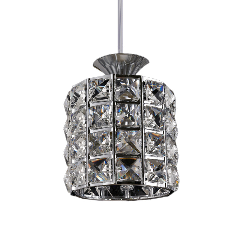 Crystal Drum Pendant Light Metal Frame Ceiling Light for Balcony 1 Silver Clearhalo 'Ceiling Lights' 'Modern Pendants' 'Modern' 'Pendant Lights' 'Pendants' Lighting' 1926982