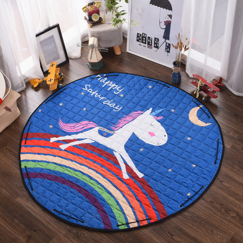 Kids Animal Area Rug Multicolor Cotton Carpet Stain-Proof Pet Friendly Rug for Child Bedroom Dark Blue 4'11