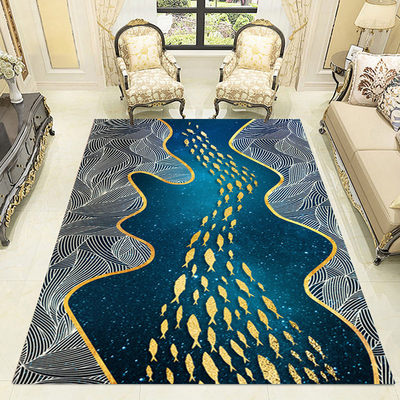 Dark Leaf Print Rug with River Cluster Fishes Polyester Asian Style Carpet Stain Resistant Rug for Living Room Clearhalo 'Area Rug' 'Rug' 1928042