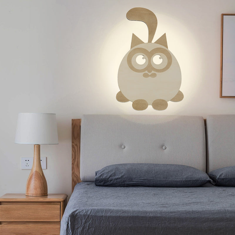 Circular Kitten Sconce Light Animal Wooden LED Wall Lighting for Boys Girls Bedroom Wood Clearhalo 'Wall Lamps & Sconces' 'Wall Lights' Lighting' 193003