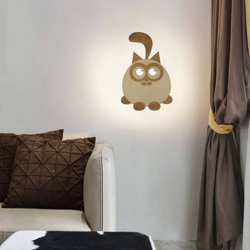 Circular Kitten Sconce Light Animal Wooden LED Wall Lighting for Boys Girls Bedroom Clearhalo 'Wall Lamps & Sconces' 'Wall Lights' Lighting' 193004