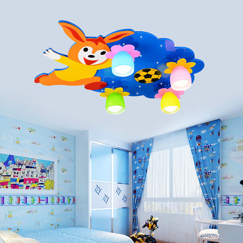 Wood Running Bunny Flush Mount Light 4 Heads Kids Ceiling Light for Child Bedroom Blue Clearhalo 'Ceiling Lights' 'Close To Ceiling Lights' 'Close to ceiling' 'Flush mount' Lighting' 193149