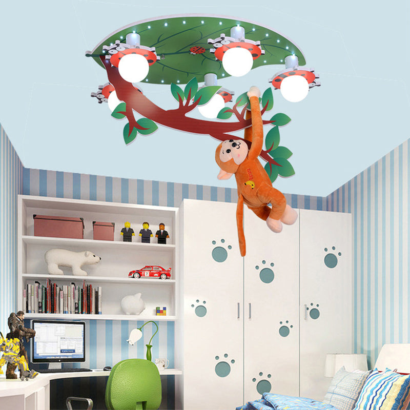 Wood Leaf Branch Ceiling Mount Light with Hanging Monkey Animal Ceiling Lamp in Green for Baby Room Green Clearhalo 'Ceiling Lights' 'Close To Ceiling Lights' 'Close to ceiling' 'Flush mount' Lighting' 193155