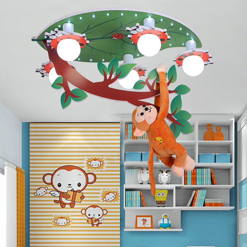 Wood Leaf Branch Ceiling Mount Light with Hanging Monkey Animal Ceiling Lamp in Green for Baby Room Clearhalo 'Ceiling Lights' 'Close To Ceiling Lights' 'Close to ceiling' 'Flush mount' Lighting' 193156