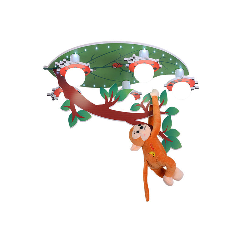 Wood Leaf Branch Ceiling Mount Light with Hanging Monkey Animal Ceiling Lamp in Green for Baby Room Clearhalo 'Ceiling Lights' 'Close To Ceiling Lights' 'Close to ceiling' 'Flush mount' Lighting' 193157