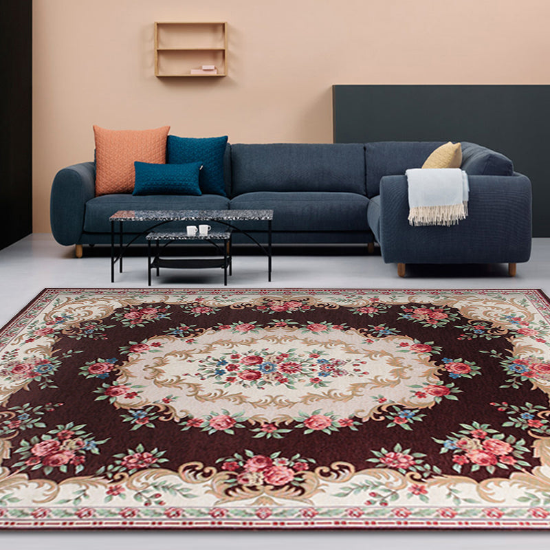 Multi Colored Bedroom Rug Vintage Floral Pattern Carpet Polyester Pet Friendly Washable Non-Slip Backing Carpet Dark Brown Clearhalo 'Area Rug' 'Rugs' 'Vintage' Rug' 1932182