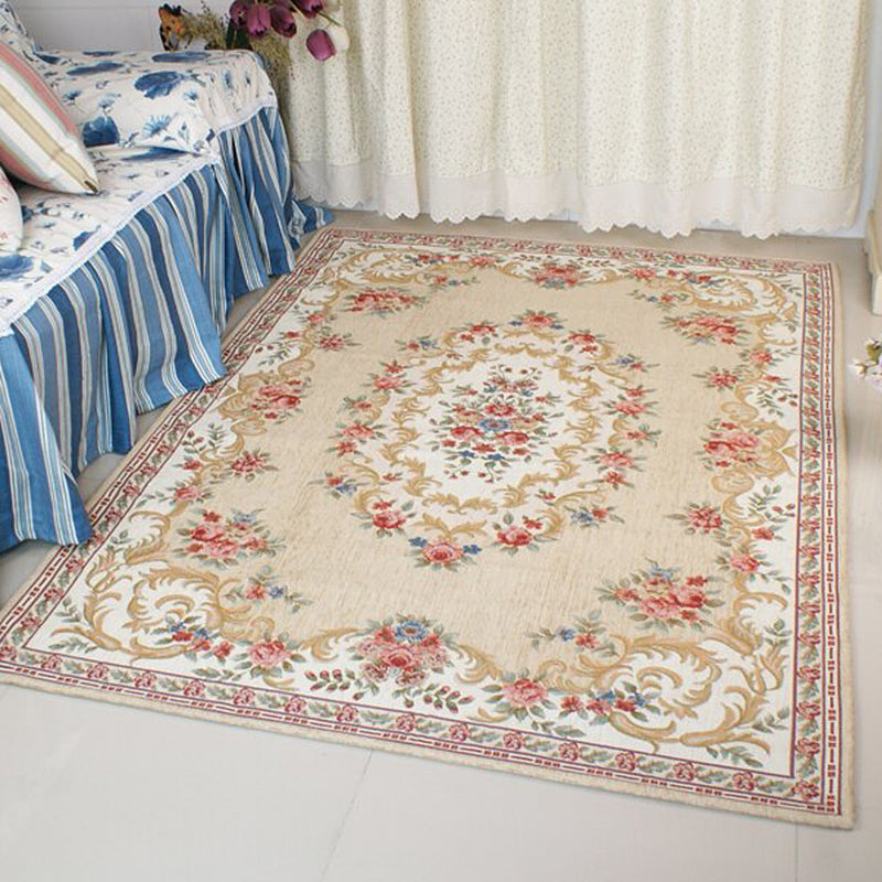 Vintage Sleeping Room Rug Beige and Blue Flower Pattern Carpet Polyester Anti-Slip Backing Machine Washable Area Rug Dark Beige Clearhalo 'Area Rug' 'Rugs' 'Vintage' Rug' 1932280