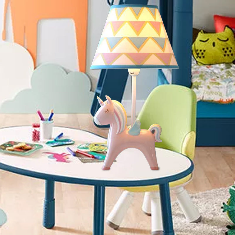 Modern Lovely Carousel Table Light One Light Resin Table Lamp with Tapered Shade for Kid Bedroom Pink Triangle Clearhalo 'Lamps' 'Table Lamps' Lighting' 193234