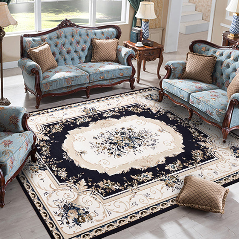 Vintage Floral Pattern Rug Blue and Black Polyester Indoor Rug Machine Washable Non-Slip Backing Carpet for Decoration Black Clearhalo 'Area Rug' 'Rugs' 'Vintage' Rug' 1932353