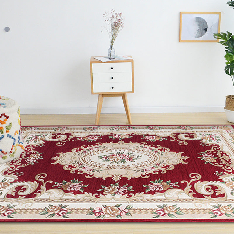 Luxurious Blossom Pattern Rug with Leaf Multicolor Vintage Carpet Polyester Washable Pet Friendly Anti-Slip Area Rug for Parlour Red Clearhalo 'Area Rug' 'Rugs' 'Vintage' Rug' 1932359