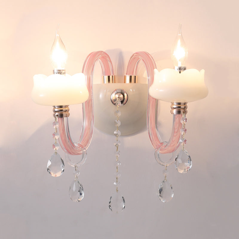 Pink Candle Sconce Light with Clear Crystal Traditional Style Metal Wall Lamp for Bathroom Clearhalo 'Wall Lamps & Sconces' 'Wall Lights' Lighting' 193263