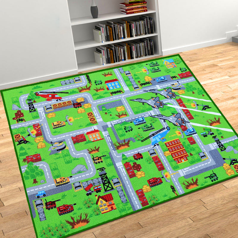 Stylish Road Pattern Rug with Weapon Green Kids Rug Polyester Pet Friendly Washable Non-Slip Area Rug for Decoration Green 4'3