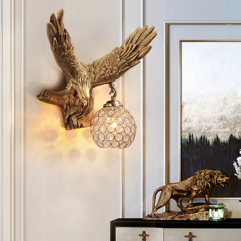 Eagle Living Room Wall Light Fixture Rustic Resin Single Head Gold Wall Sconce Lighting with Orb K9 Crystal Clearhalo 'Wall Lamps & Sconces' 'Wall Lights' Lighting' 1933820