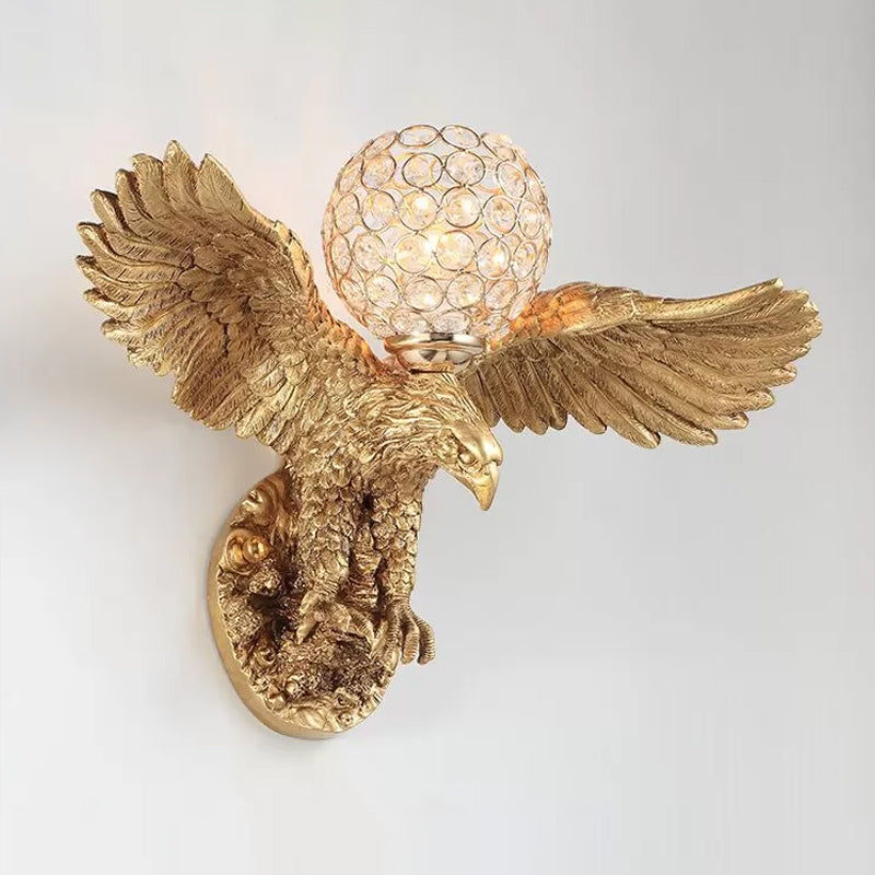 Eagle Living Room Wall Light Fixture Rustic Resin Single Head Gold Wall Sconce Lighting with Orb K9 Crystal Clearhalo 'Wall Lamps & Sconces' 'Wall Lights' Lighting' 1933827