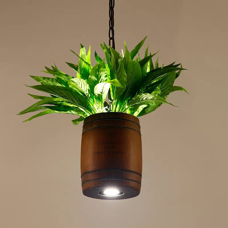 Bucket Wood Pendant Light Fixture Industrial 1 Head Dining Room Ceiling Lamp in Coffee with Plant Deco Clearhalo 'Ceiling Lights' 'Pendant Lights' 'Pendants' Lighting' 1933883